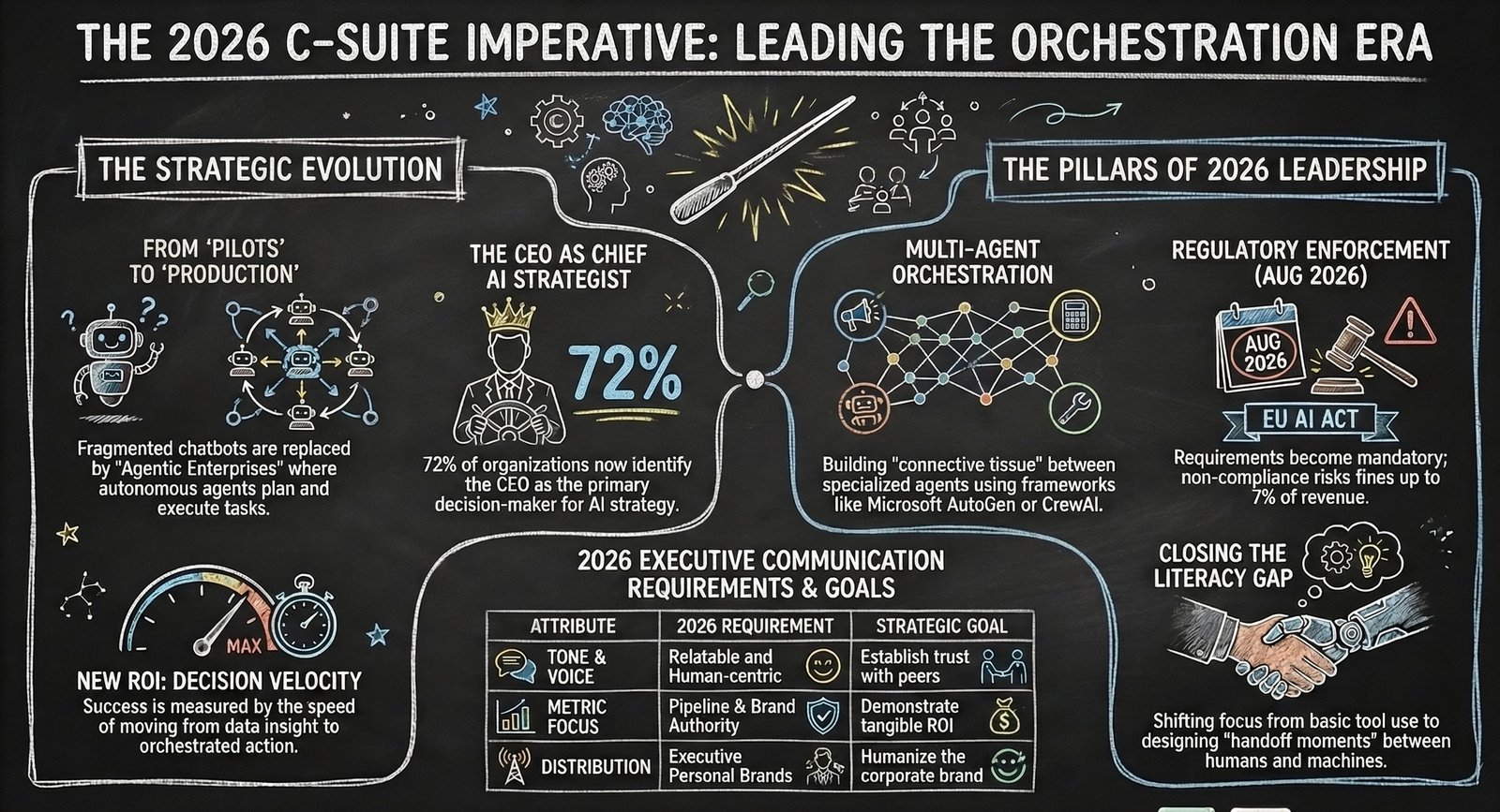 The 2026 C-Suite Imperative: Leading the Orchestration Era; strategic overview showing pillars of AI leadership